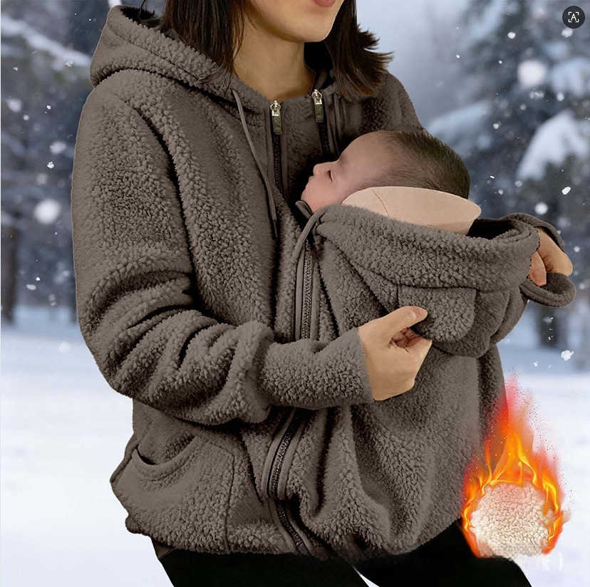 Corduroy Hooded Sweatshirt With Baby-pocket Women's Thickened Zip-up Jacket For Parent-Child Matching Outfits
