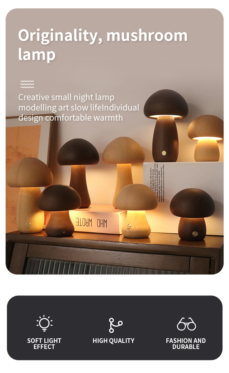 INS Wooden Cute Mushroom LED Night Light With Touch Switch Bedside Table Lamp For Bedroom Childrens Room Sleeping Night Lamps Home Decor
