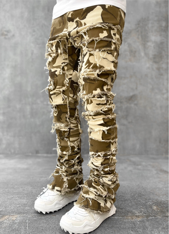 Ins Fringes Ripped Trousers Individual Patched Pants Long Tight Fit Stacked Jeans For Mens Clothing