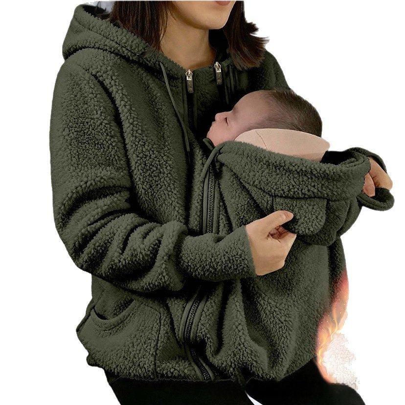 Corduroy Hooded Sweatshirt With Baby-pocket Women's Thickened Zip-up Jacket For Parent-Child Matching Outfits