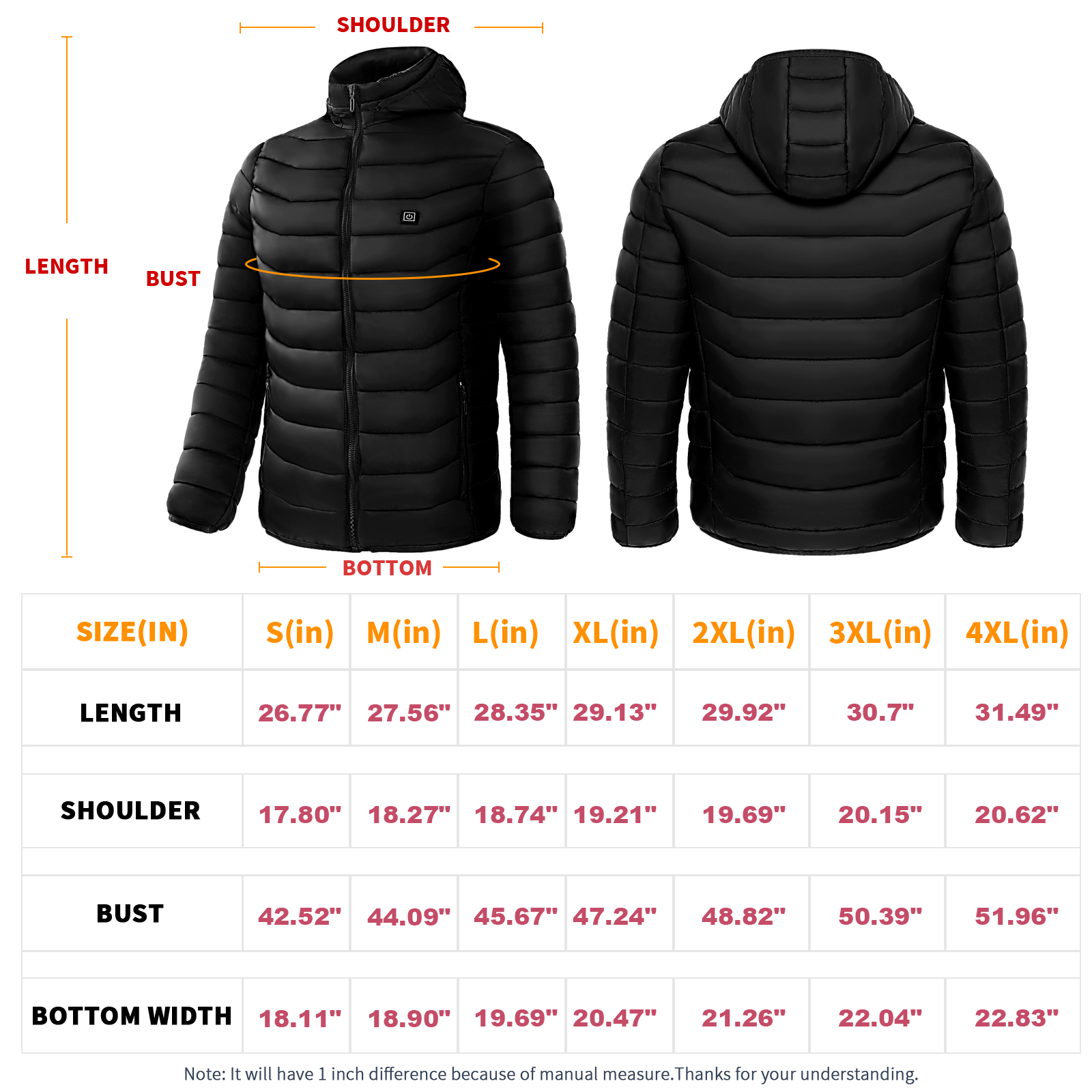 Men Heated Puffer Jacket Electric Heating Coat Insulated Hood Windbreaker 9Heat Zones