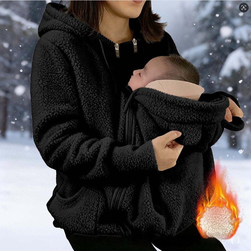 Corduroy Hooded Sweatshirt With Baby-pocket Women's Thickened Zip-up Jacket For Parent-Child Matching Outfits