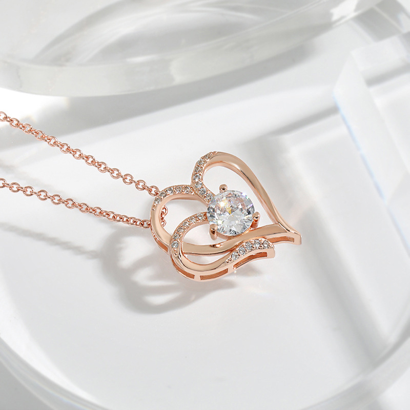 Zircon Double Love Necklace With Rhinestones Ins Personalized Heart-shaped Necklace Clavicle Chain Jewelry For Women Valentine's Day