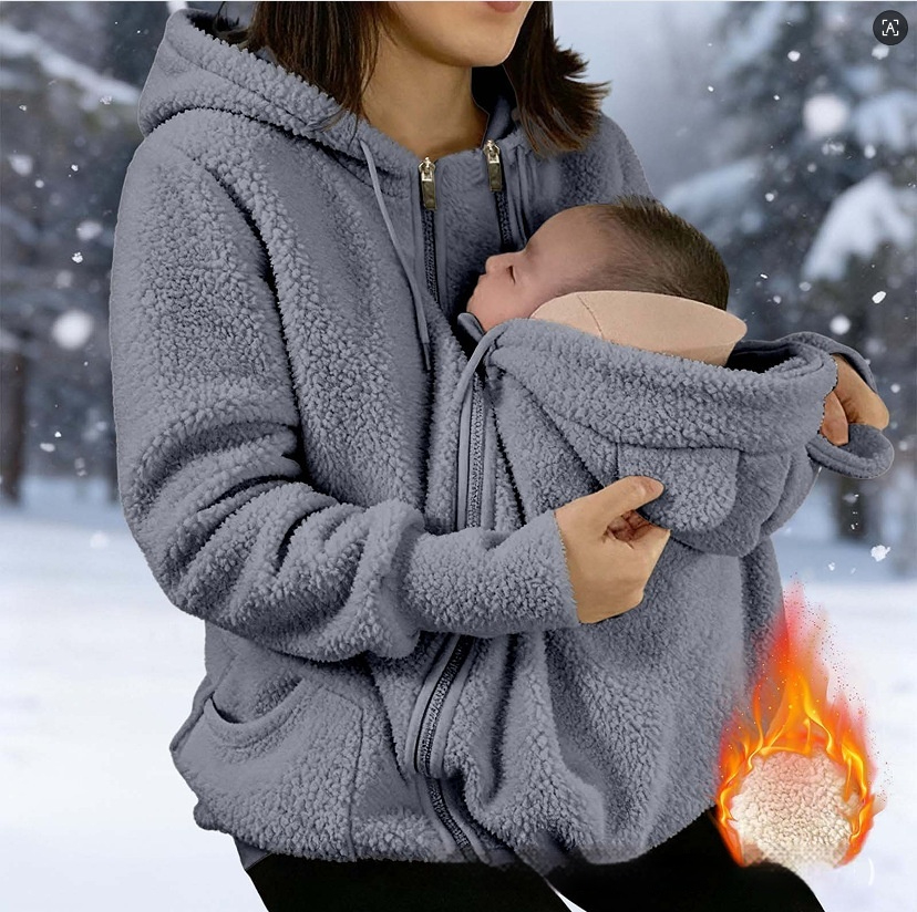Corduroy Hooded Sweatshirt With Baby-pocket Women's Thickened Zip-up Jacket For Parent-Child Matching Outfits