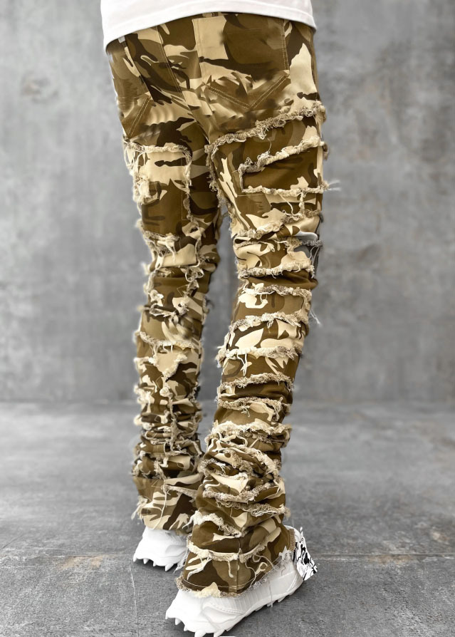 Ins Fringes Ripped Trousers Individual Patched Pants Long Tight Fit Stacked Jeans For Mens Clothing