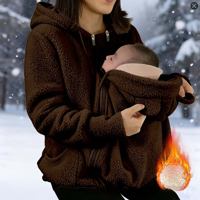 Corduroy Hooded Sweatshirt With Baby-pocket Women's Thickened Zip-up Jacket For Parent-Child Matching Outfits