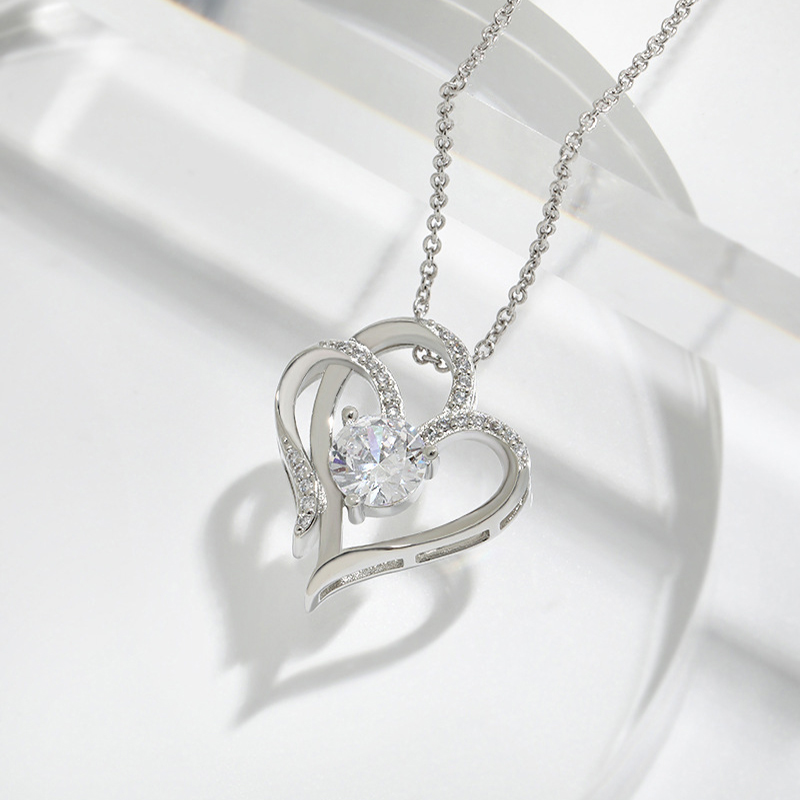 Zircon Double Love Necklace With Rhinestones Ins Personalized Heart-shaped Necklace Clavicle Chain Jewelry For Women Valentine's Day