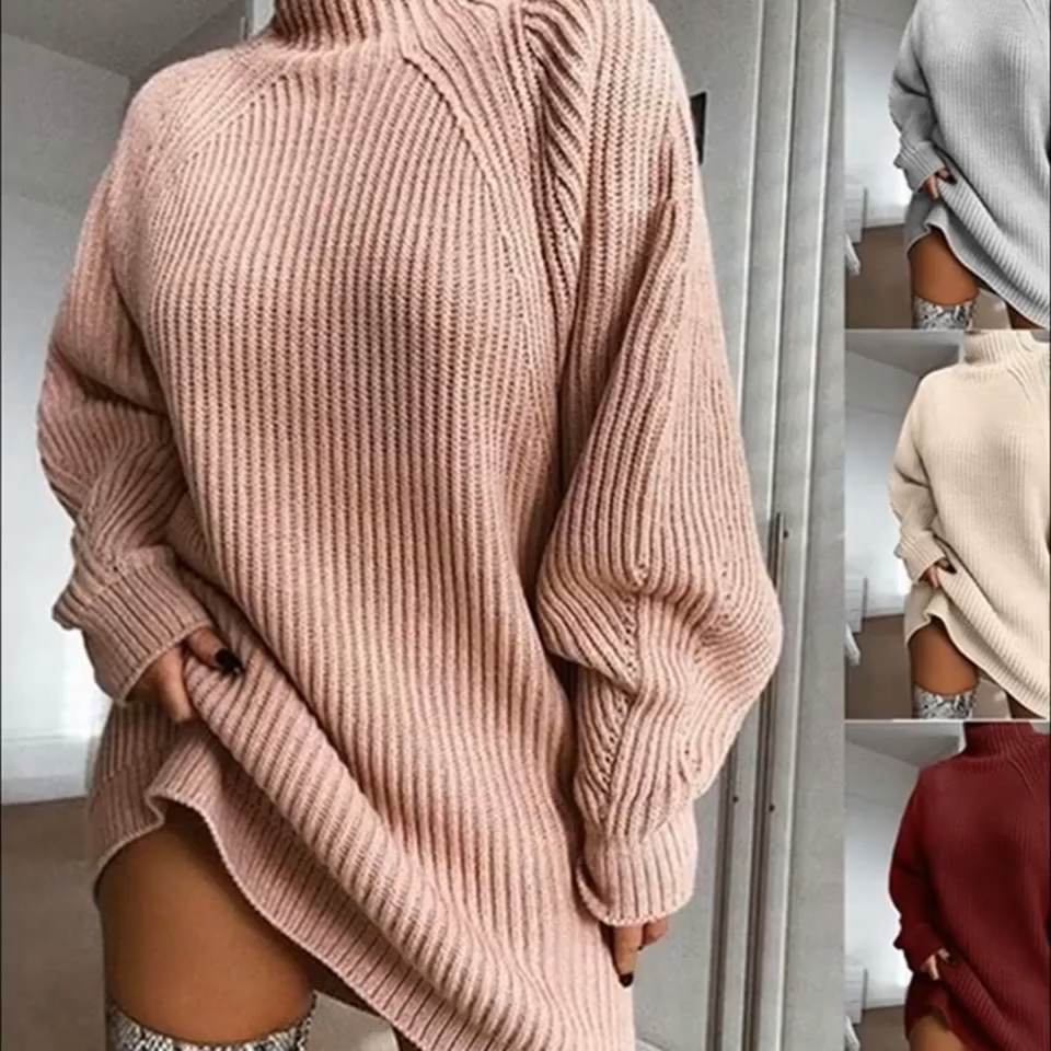 Solid Turtleneck Long Sweater Winter Warm Women Sweater Dress