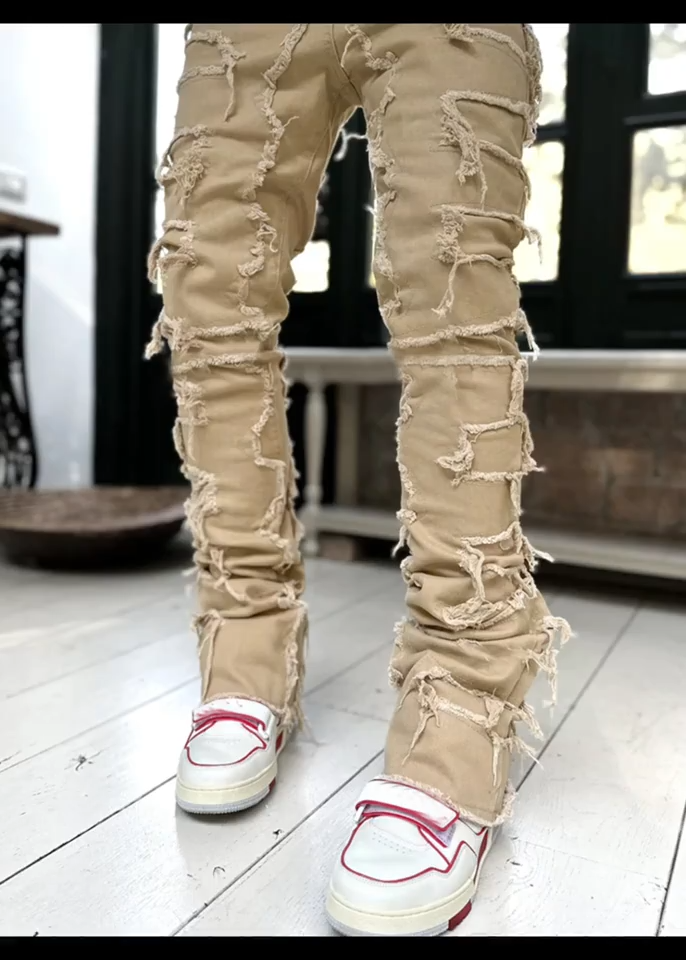 Ins Fringes Ripped Trousers Individual Patched Pants Long Tight Fit Stacked Jeans For Mens Clothing
