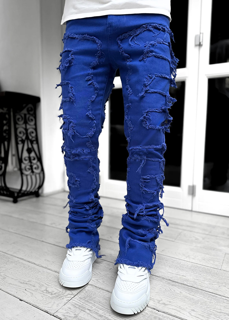 Ins Fringes Ripped Trousers Individual Patched Pants Long Tight Fit Stacked Jeans For Mens Clothing