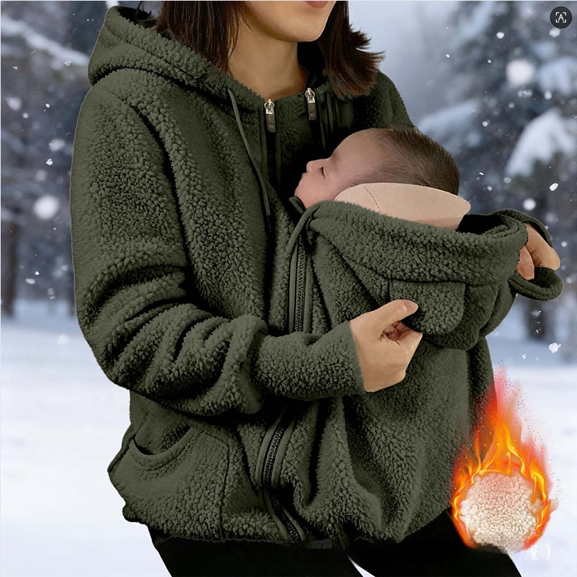 Corduroy Hooded Sweatshirt With Baby-pocket Women's Thickened Zip-up Jacket For Parent-Child Matching Outfits