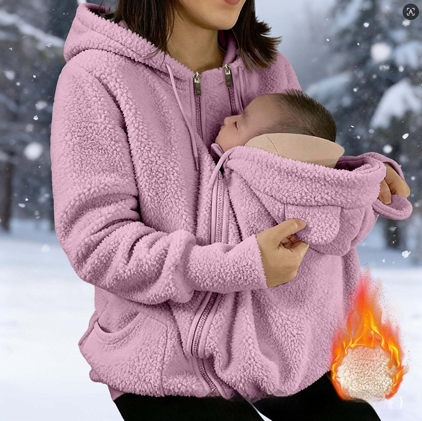 Corduroy Hooded Sweatshirt With Baby-pocket Women's Thickened Zip-up Jacket For Parent-Child Matching Outfits